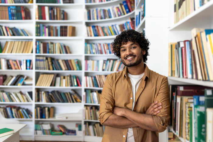 man in library